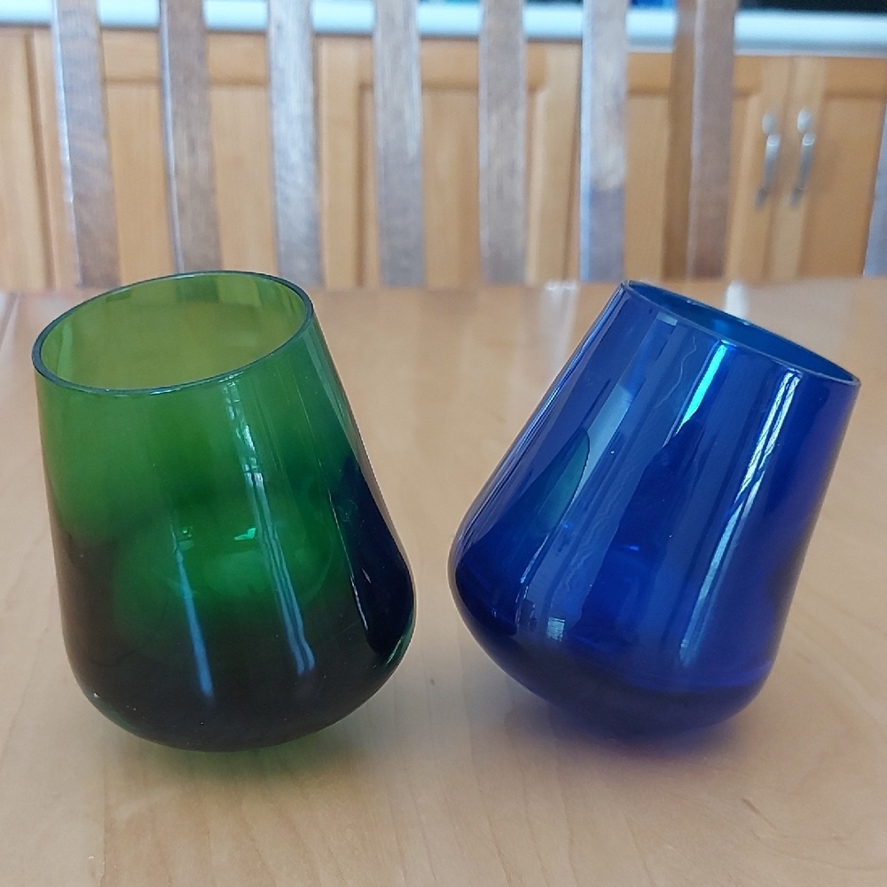 Retro 1970's Set of Two Green and Blue Glass Tumblers